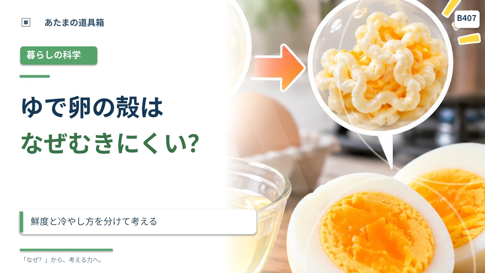 ゆで卵の殻はなぜきれいにむけない？ 鮮度と冷却の条件を比べる